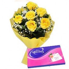 Yellow Rose Hand Bunch and Cadbury Assortment Chocolates